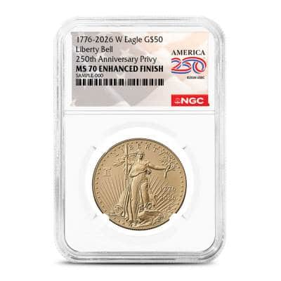 2026-W 1 oz Burnished American Gold Eagle Coin NGC MS70 (Dual Date, Enhanced, America250 Label)