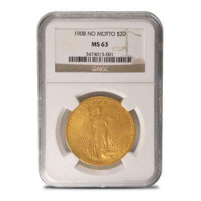 1908 Pre-33 $20 Saint Gaudens Gold Double Eagle Coin "No Motto" NGC MS63