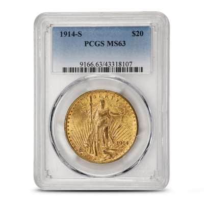 1914-S Pre-33 $20 Saint Gaudens Gold Double Eagle Coin PCGS MS63